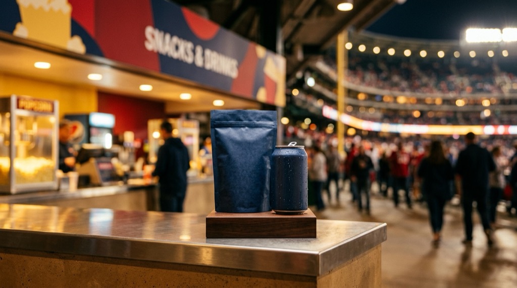 An emerging food brand's product featured at a busy stadium concession stand